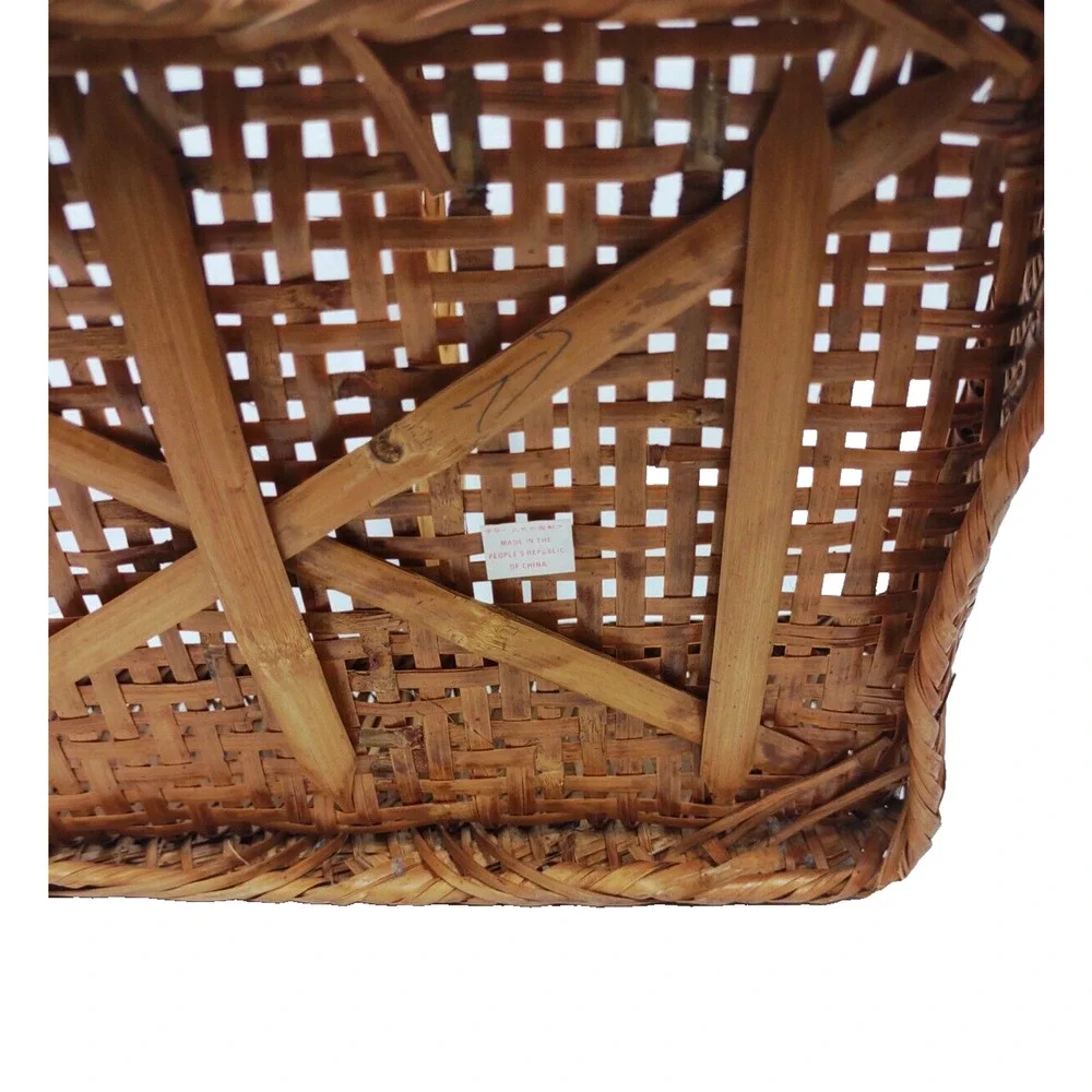 Antique Chinese Split Bamboo Handmade Woven Gathering Basket with Handle 14